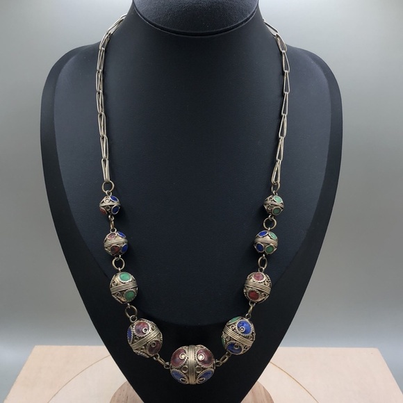 artisan Jewelry - Vintage Berber colorful egg shape beaded necklace tribal.